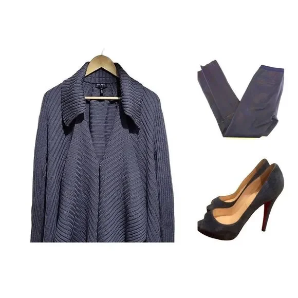 Escada Sport Womens Blue Shawl Drape Ribbed Virgin Wool Cardigan Sweater Large